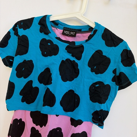 Lazy oaf Blue and Pink bodycon 2 layer Dress with Black Spots cow print - Picture 2 of 5